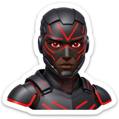 A cyber-warrior with a half-metallic face, neon red lines tracing his black armored skin sticker