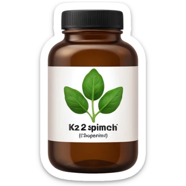 brown glass bottle of supplements with white label, black thin title K2 and small spinach emoji sticker