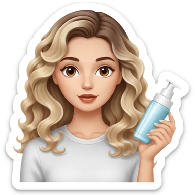 beautiful brunette with a slightly blonde balayage white girl with nice curls/defined waves, very long hair, clean girl makeup APPLYING A FACE CREAM ON HER FACE sticker