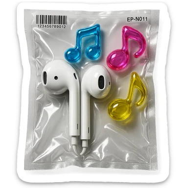 pair of white EarPods with three floating glass music notes in blue, pink, and yellow, shiny and puffy sticker