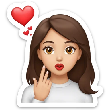 Light skin brunette with light brown eyes blowing a kiss and little heart on the air sticker