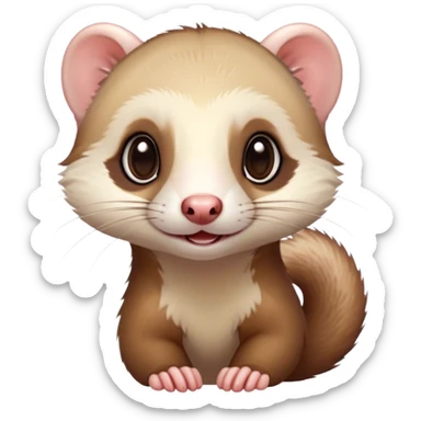 Cinematic Cute Ferret Portrait Emoji, Head tilted playfully, with an elongated, flexible body and a characteristically curious expression, featuring a short, pointed snout, bright, sparkling eyes, and soft fur in warm brown and cream tones, Simplified yet irresistibly adorable features, highly detailed, glowing with a warm, friendly glow, high shine, affectionate and lively, stylized with a touch of whimsical mischief, soft glowing outline, capturing the essence of a fun-loving and mischievous ferret that feels like it could scamper straight into your heart! sticker