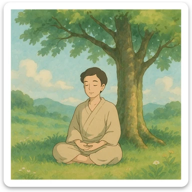 inner peace as a serene person meditating under a tree, soft colors, ghibli style sticker