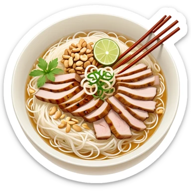 A bowl of Vietnamese Bún Thịt Nướng - rice vermicelli noodles with grilled pork, herbs, bean sprouts, and fish sauce sticker