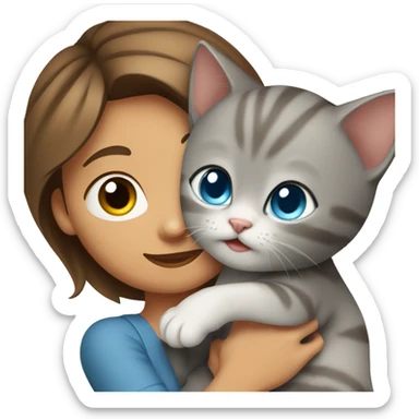 blue eyes grey kitten hugging brown short hair woman sticker