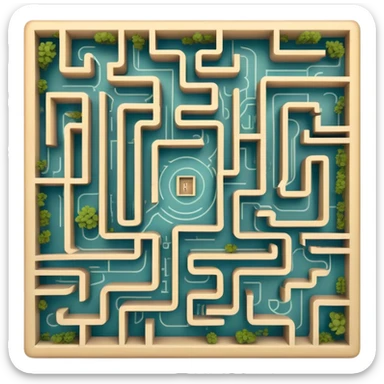 An icon showing an overhead view of a maze with doors on each side, leading to the finish line. The maze should be intricate, symbolizing the challenge of indoor and city-based escape rooms. The design conveys the thrill of navigating through twists and turns. transparent background sticker