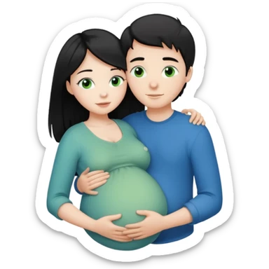 Make a couple hugging the girl is white with long black hair with blue eyes. The girl is hugging a boy with light brown short hair with green eyes. The boz is pregnant  sticker