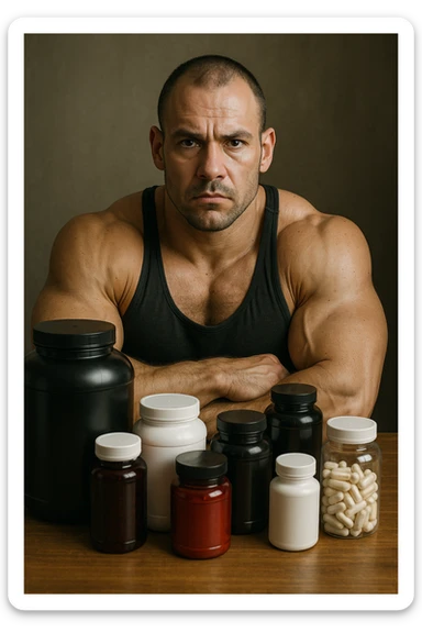 realistic image of a bodybuilder with many supplements, serious and aware look that they are not a miraculous solution, natural details, aspect ratio 2:3 sticker