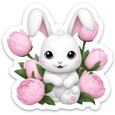 cute white bunny holding light pink peonies sticker