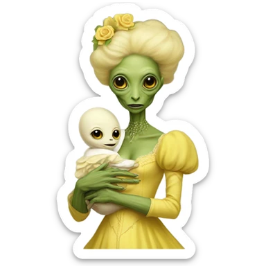  Reptilian alien woman , full body, in victorian jellow elegant dress , holds a newborn white humman baby sticker