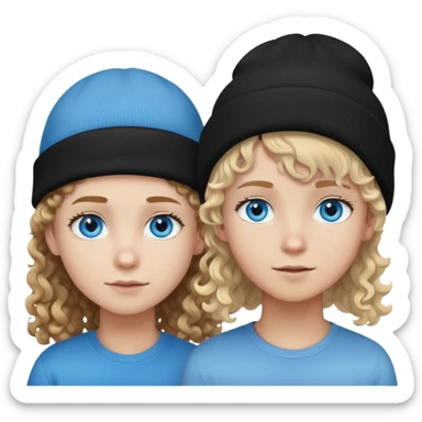Pale, blue eyed boy, with curly long brown hair and a black beanie on and a short haired blonde girl with blue ands sticker