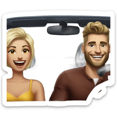 Hyper Realistic gorgeous woman and a handsome tattooed man laughing while driving in a fancy car sticker