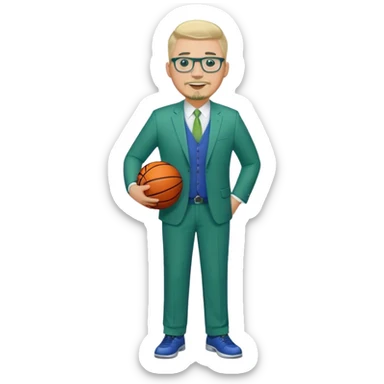 Full Body white male plus size wearing glasses with a goatee with light blonde and gray very short hair happy basketball head Coach in blue and green suit sticker