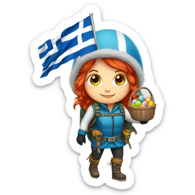 Female winter mountaineer red hair white skin climbing with Greek Flag and Easter eggs basket sticker