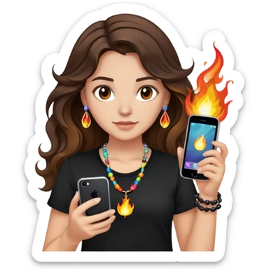 brunette girl with wavy medium length hair, brown eyes, light/medium skin tone, holding iPhone and light phone, wearing black tee shirt with flames on it and colorful beaded charm necklace sticker