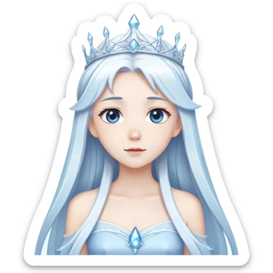 Beautiful anime ice queen with white long pretty hair with light-blue streaks, wearing an icy thin long dress and a silver tiara sticker