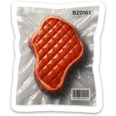 diamond-textured meat steak, shiny and inflated, vacuum-sealed style sticker