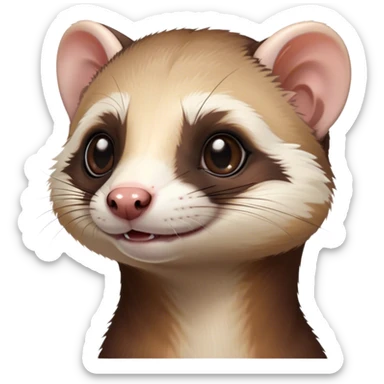 Cinematic Cute sable ferret Portrait Emoji, Head tilted playfully, with an elongated, flexible body and a characteristically curious expression, featuring a short, pointed snout, bright, sparkling eyes, and soft fur in warm brown and cream tones, Simplified yet irresistibly adorable features, highly detailed, glowing with a warm, friendly glow, high shine, affectionate and lively, stylized with a touch of whimsical mischief, soft glowing outline, capturing the essence of a fun-loving and mischievous sable ferret that feels like it could scamper straight into your heart! sticker