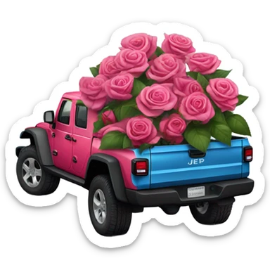 Realistic Red Jeep Gladiator with the truck bed full of pink roses. sticker