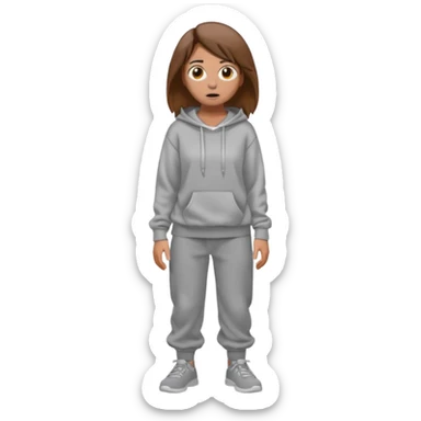 Chica grande  asustada de cuerpo completo mirado a la izquierda con pelo castaño pantalones baggy  grises y hoodie gris  sticker