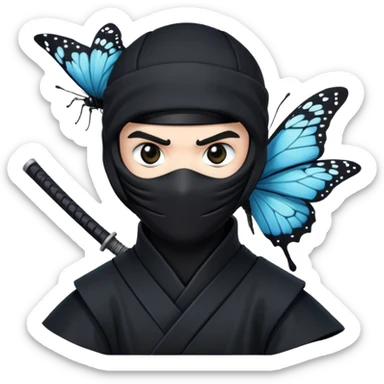 Emoji  con estos dos emojis 🦋 🥷🏻.
Ninja vestido de negro con los ojos de color negro y la piel blanca y con la mariposa posada en su hombro izquierdo como si estuviera volando en su hombro. sticker