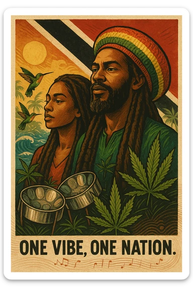 Create a vibrant digital illustration in vintage poster style featuring a proud Trinidadian Rasta man and woman with long dreadlocks and a bold red, gold, and green tam. The background should incorporate the Trinidad and Tobago flag in a stylized, textured way — using deep red, black, and white tones that blend with tropical elements. Surround the figure with iconic cultural symbols like steelpan drums, ganja leaves, and hummingbirds in flight. Add warm Caribbean sunlight, ocean waves, and lush greenery to enhance the island energy. The Rasta man should radiate peace, power, and island wisdom — with bold facial features, calm expression, and a sense of spiritual presence. The overall tone should be rootsy, regal, and rich with island soul — merging reggae culture with Trinidadian pride. Optional accents: subtle soca rhythm lines in the background or a quote like “One Vibe, One Nation.” sticker