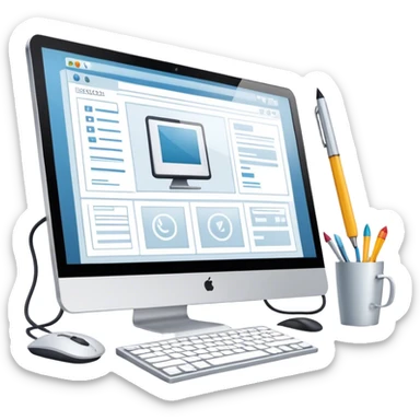 Modern icon for Web Design: computer screen with a website layout, design tools like a mouse and a stilus, web elements such as icons and wireframes. Transparent background. sticker
