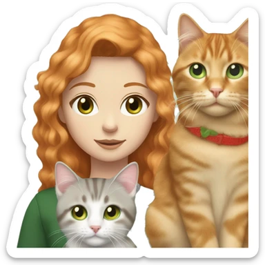 girl, pale, green eyed,with long strawberry blonde-ginger hair (mix of that two hair colours as one) holding a  grey tabby cat, with spot of white fur in shape of a collar and also green eyed sticker