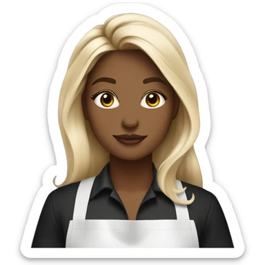 Hair stylist in a black apron. Blonde balayage with a darker root. Iced coffee in hand. Long hair sticker