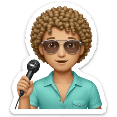curly haired man with summer clothes and sun glasses holding microphone sticker