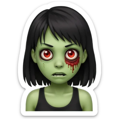 Zombie emoji with long black hair and bangs, with green skin, big red eyes, small nose, and a simple black tank top.  sticker