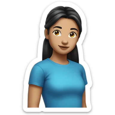 A 11 years old girl with long black hair tied back in a pony tail wearing a blue t shirt sticker