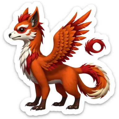 4-legged realistic scaly winged long-big-beaked Gryphon-Griffin-Griffsnuff-Talonflame-Silvally-Braviary-Red-Panda-fusion-hybrid-animal-Fakémon-creature, full body, with a long thin tufted lion-tail, long tufted winged feathery ears sticker