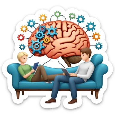 An icon featuring a brain with gears, a mind map, and a therapy couch, symbolizing psychology. The design includes a set of mental health tools and a silhouette of a person in deep thought, representing understanding the human mind. Transparent background sticker