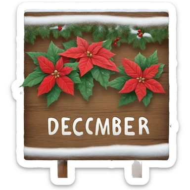 Wood sign with inscription december and poinsettia with snow on sign  sticker