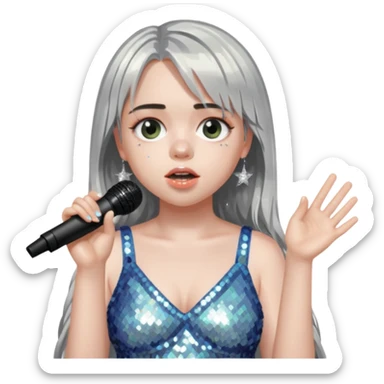 billie eilish is singing, holding mirco and twinkle dresss sticker