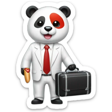 A professor with white suit and red tie and a panda face eating a hotdog and holding a black suitcase sticker
