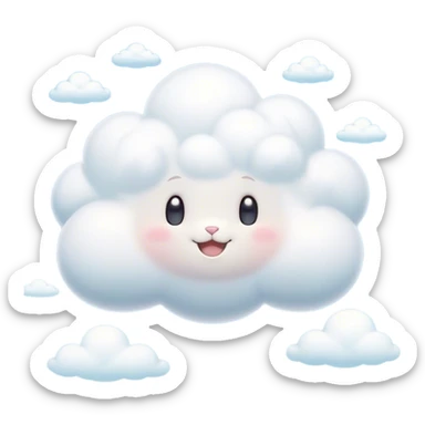 Cinematic tiny puffy bunny-shaped cloud, floating gently in the sky, soft glowing light, tiny rounded ears, smiling face, dreamy and magical. sticker