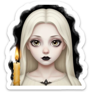 Pale woman with kohl-lined eyes staring through candle smoke, predatory calm, gothic fantasy mood sticker