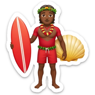 50 year old dark Hawaiian surfer with red shorts and a shell lei surfer  sticker