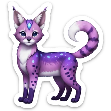 Colorful black-violet-indigo-purple-gradients nebulae nebula starry galactical shiny white-stars-spotted glorious iridescent divine exotic cute cool beautiful realistic caracal-genet-sergal-vernid-Cacomistle-Trico-oncilla-animal-Fakémon-hybrid-fursona (full body) sticker