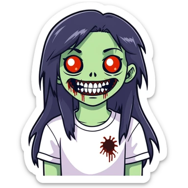 girl zombie with black long hair with teeth sticker