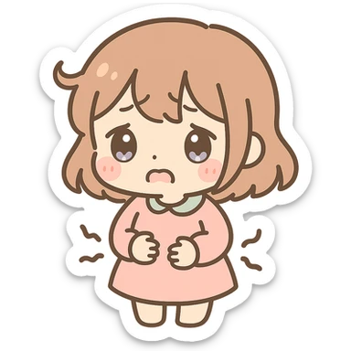 hungry little girl, kawaii chibi anime style, flat pastel colors, thick outlines, simple cute features, holding her belly, uncomfortable face sticker