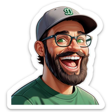 A man with a grey baseball cap, green eyes, big dark brown beard and glasses, laughing sticker