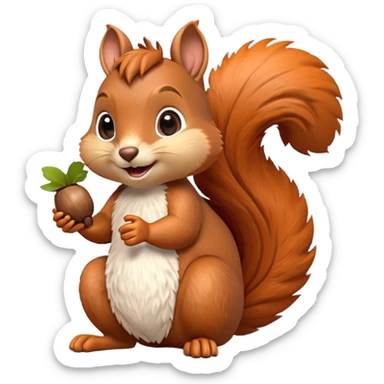 A 3D cartoon squirrel holding an acorn, fluffy tail curled up, orange-brown fur, happy face, soft natural light, Memoji-style look. sticker