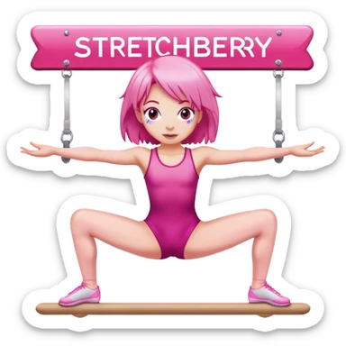 A girl with pink hair is sitting on a gymnastic splits, behind the sign is the inscription "STRETCHBERRY" sticker