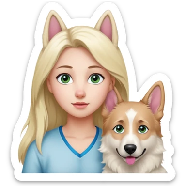 White European young woman with blue-green eyes and long blond hair with her white German Shepherd dog,the Dog has a pink nose and short fur  and Brown eyes sticker