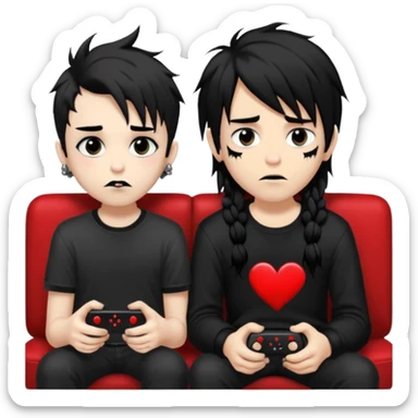 pale Goth boy with a bunch of face piercings, with shaggy dark brown hair, and messy black eyeliner , smudged, red, lipstick next to a tan gamer boy with long black hair , they are watching tv together  sticker