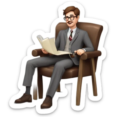 Joyful Celebrating victory Pale skinned Fit Man With dark brown hair in gray jacket, beige office shirt, Brown pants and vintage glasses sitting In a soft chair with a notebook and a pen sticker