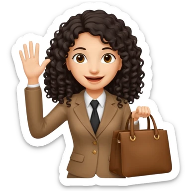 medium deep tan brown business woman with long black curly hair, waving hand with happy face with smile mouth and carrying bag on her shoulder sticker